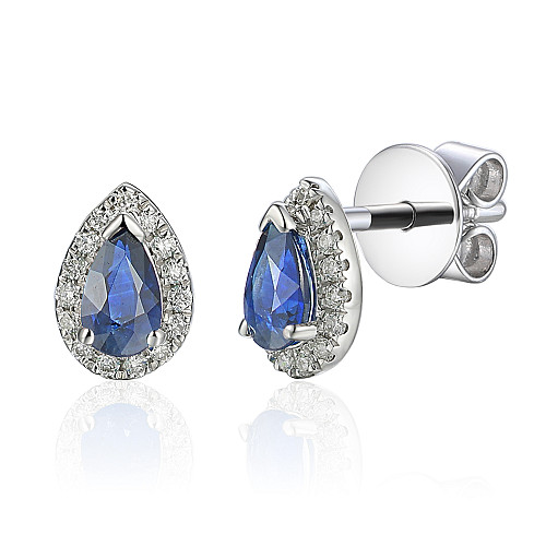 Claw Set Pear Shape Sapphire With Micro Set Diamond Halo Earrings