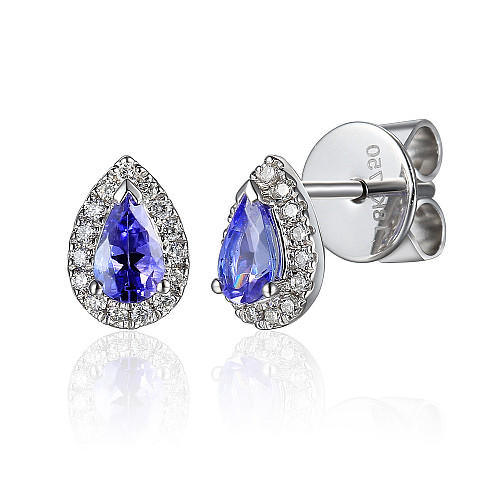 Claw Set Pear Shape Cut Tanzanite With Micro Set Diamond Halo Earrings