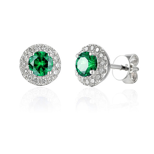 Claw Set Round Brilliant Cut Emerald With Micro Set Diamond Halo Earrings