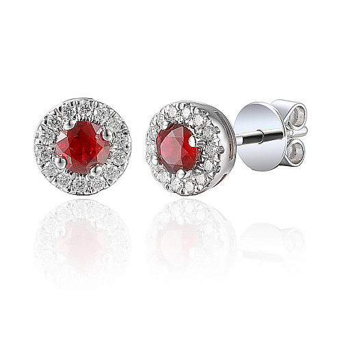 Claw Set Round Brilliant Cut Ruby With Micro Set Diamond Halo Earrings