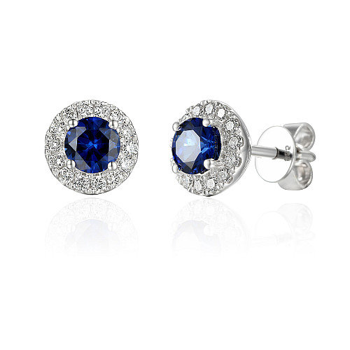 Claw Set Round Brilliant Cut Blue Sapphire With Micro Set Diamond Halo Earrings