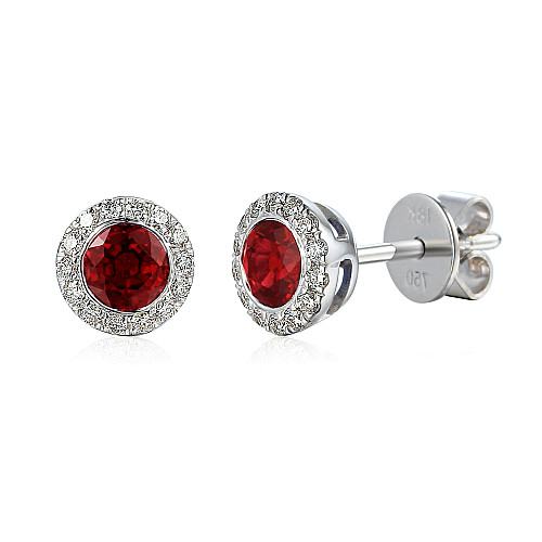 Rubover Set Round Brilliant Cut Ruby With Micro Set Diamond Halo Earrings