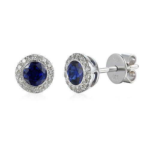 Rubover Set Round Brilliant Cut Blue Sapphire With Micro Set Diamond Halo Earrings