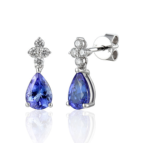 Claw Set Pear Shape Cut Tanzanite With Round Brilliant Cut Diamond Trefoil Drop Earrings