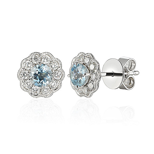 Claw Set Round Brillant Cut Aquamarine With Micro Set Diamond Halo Earrings