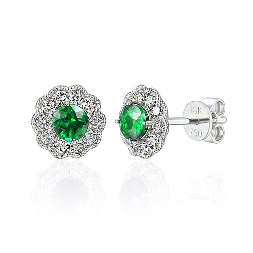 Claw Set Round Brilliant Cut Emerald With Micro Set Diamond Halo Earrings