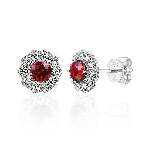 Claw Set Round Brilliant Cut Ruby With Micro Set Diamond Halo Earrings