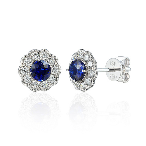 Claw Set Round Brilliant Cut Blue Sapphire With Micro Set Diamond Halo Earrings