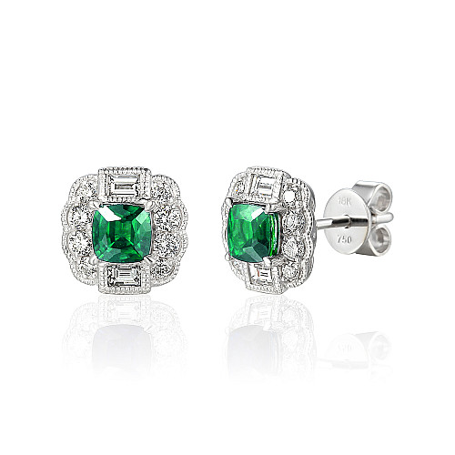 Claw Set Cushion Cut Emerald With Round Brilliant Cut Diamond Halo And Emerald Cut Diamonds With Milgrain Earrings