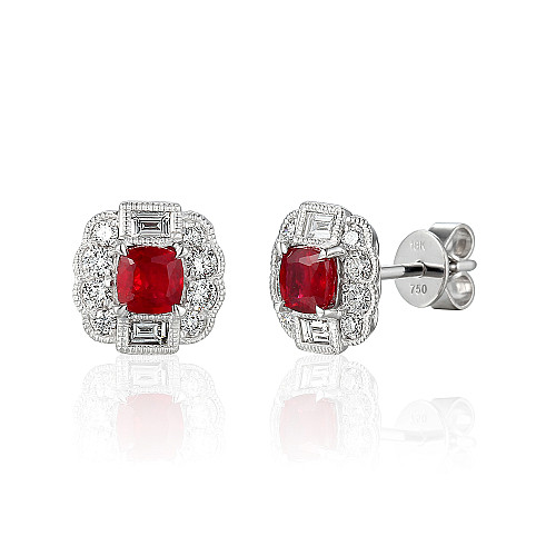 Claw Set Cushion Cut Ruby With Round Brilliant Cut Diamond Halo And Emerald Cut Diamonds With Milgrain Earrings