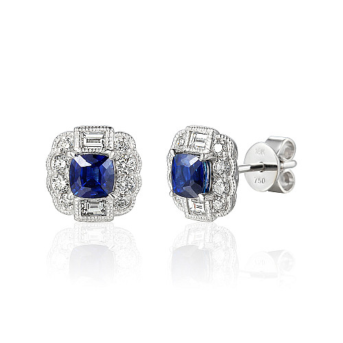 Claw Set Cushion Cut Blue Sapphire With Round Brilliant Cut Diamond Halo And Emerald Cut Diamonds With Milgrain Earrings