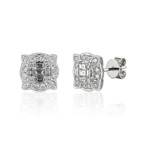 Micro Set Baguette Cut & Round Brilliant Cut Diamond Cluster Earrings
