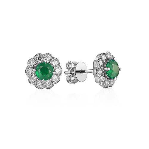 Claw Set Emerald & Micro Set Diamond Flower Stud Earrings