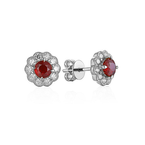 Claw Set Ruby & Micro Set Diamond Flower Stud Earrings