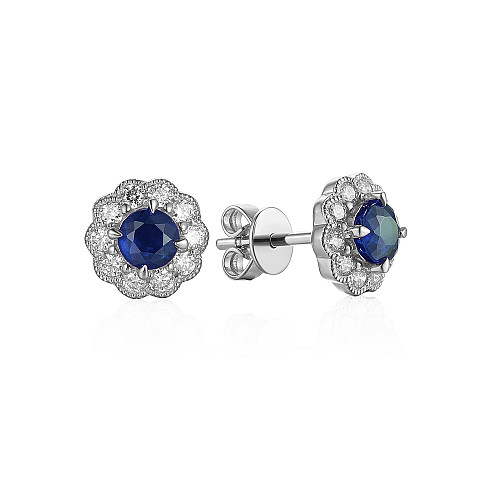 Claw Set Blue Sapphire & Micro Set Diamond Flower Stud Earrings