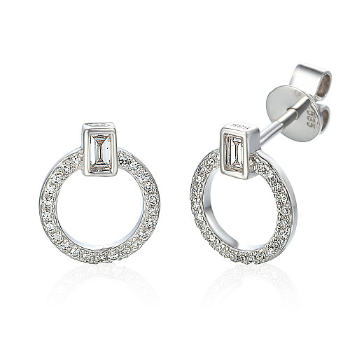Rubover Set Baguette Cut Diamond With Micro Set Round Brilliant Cut Diamond Circle Earrings