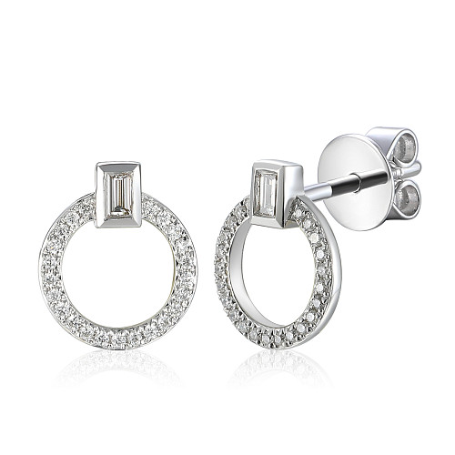 Rubover Set Baguette Cut Diamond With Micro Set Round Brilliant Cut Diamond Circle Earrings