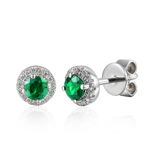 Claw Set Round Brilliant Cut Emerald With Micro Set Diamond Halo Earrings