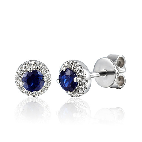 Claw Set Round Brilliant Cut Blue Sapphire With Micro Set Diamond Halo Earrings