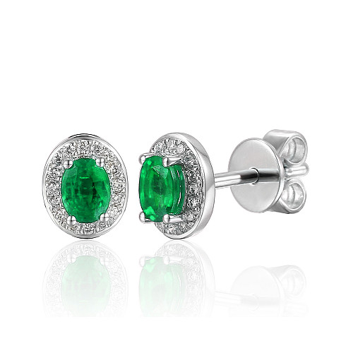 Rubover Set Oval Cut Emerald With Micro Set Round Brilliant Diamond Halo Earrings