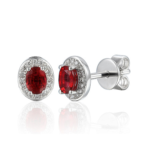 Rubover Set Oval Cut Ruby With Micro Set Round Brilliant Diamond Halo Earrings