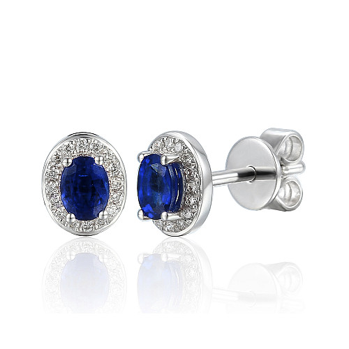 Rubover Set Oval Cut Blue Sapphire With Micro Set Round Brilliant Diamond Halo Earrings