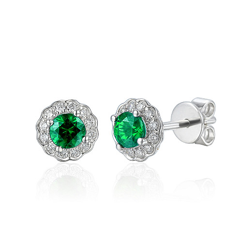 Claw Set Round Brilliant Cut Emerald With Micro Set Diamond Halo Earrings