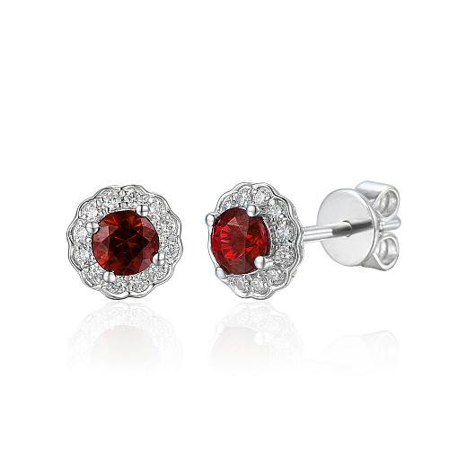 Claw Set Round Brilliant Cut Ruby With Micro Set Diamond Halo Earrings