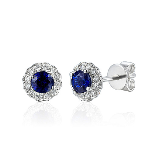 Claw Set Round Brilliant Cut Blue Sapphire With Micro Set Diamond Halo Earrings