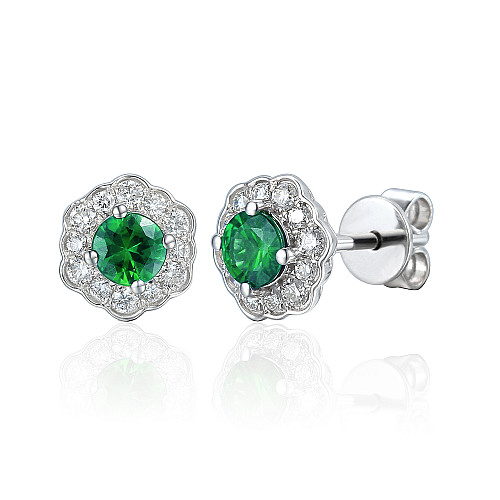 Claw Set Round Brilliant Cut Emerald And Diamond Halo Milgrain Earrings