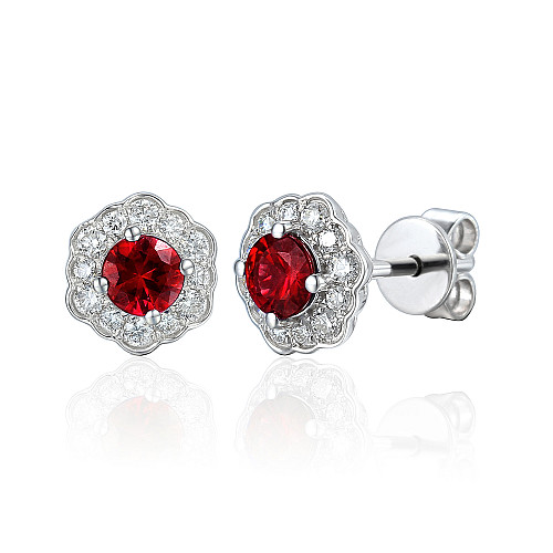 Claw Set Round Brilliant Cut Ruby And Diamond Halo Milgrain Earrings
