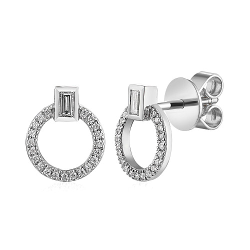 Rubover Set Baguette Diamonds and Micro Set Round Brilliant Cut Diamond Circle Shape Earrings