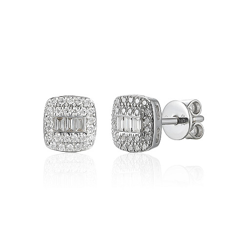 Pave Round Diamond & Baguette Diamond Stud Earrings