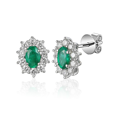 Micro Set Oval and Round Brilliant Cut Emerald and Diamond Earrings