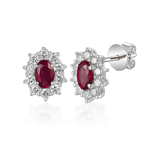 Micro Set Oval and Round Brilliant Cut Ruby and Diamond Earrings