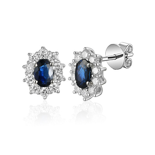 Micro Set Oval and Round Brilliant Cut Blue Sapphire and Diamond Earrings