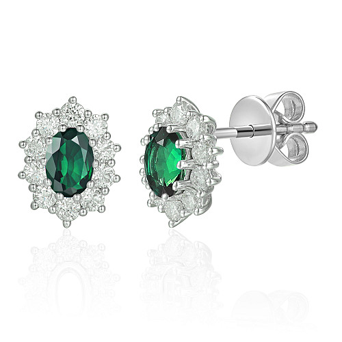 Micro Set Oval and Round Brilliant Cut Emerald and Diamond Earring