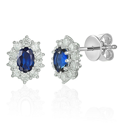 Micro Set Oval and Round Brilliant Cut Blue Sapphire and Diamond Earring