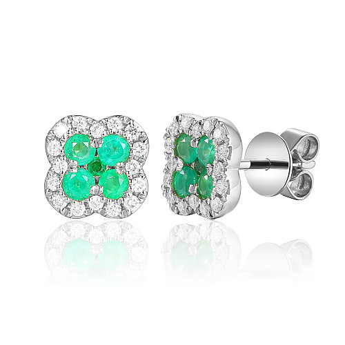 Green Emerald and Round Brilliant Cut Diamond Cluster Earrings