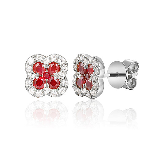 Ruby and Round Brilliant Cut Diamond Cluster Earrings