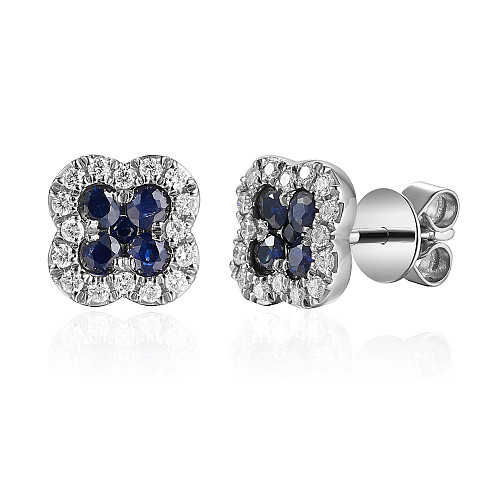 Blue Sapphire and Round Brilliant Cut Diamond Cluster Earrings