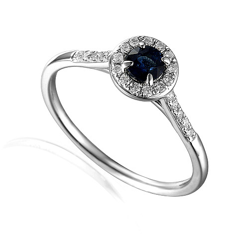 Round Brilliant Cut Blue Sapphire and Diamond Claw Set Halo Ring