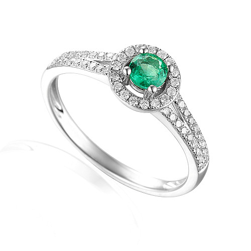 Round Brilliant Cut Emerald and Diamond Claw Set Halo Ring