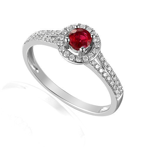 Round Brilliant Cut Ruby and Diamond Claw Set Halo Ring