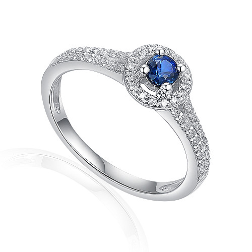 Round Brilliant Cut Blue Sapphire and Diamond Claw Set Halo Ring
