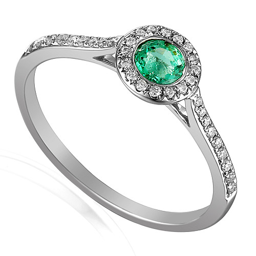 Round Brilliant Cut Emerald and Diamond Rubover Set Halo Ring