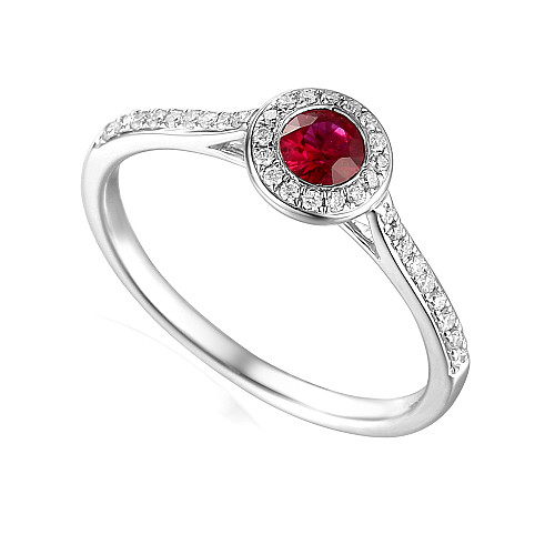 Round Brilliant Cut Ruby and Diamond Rubover Set Halo Ring
