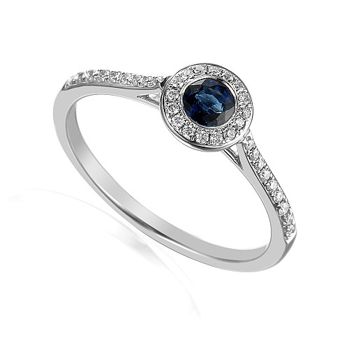 Round Brilliant Cut Blue Sapphire and Diamond Rubover Set Halo Ring