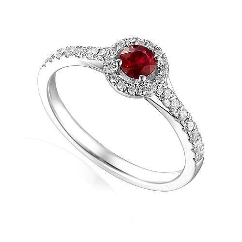 Round Brilliant Cut Ruby and Diamond Claw Set Halo Ring