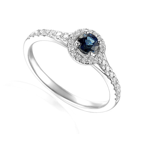 Round Brilliant Cut Blue Sapphire and Diamond Claw Set Halo Ring